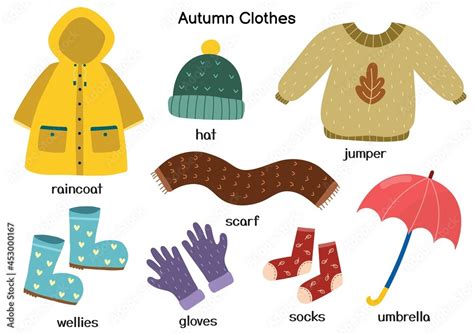 Autumn clothes set with raincoat, jumper, hat, wellies. Fall season ...