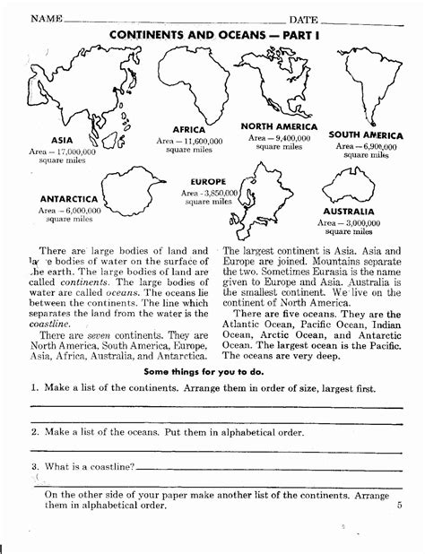 Continents And Oceans Worksheet