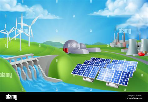 Energy or power generation sources illustration. Includes renewable sources such as hydro dam ...