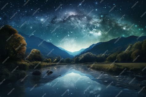 Premium AI Image | A starry night sky over a mountain lake