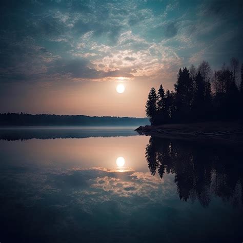 Premium AI Image | Illustration of a night view on a lake with a full moon