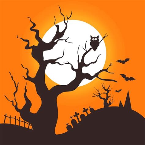 Premium Vector | Night Landscape with Owl on Tree Silhouette