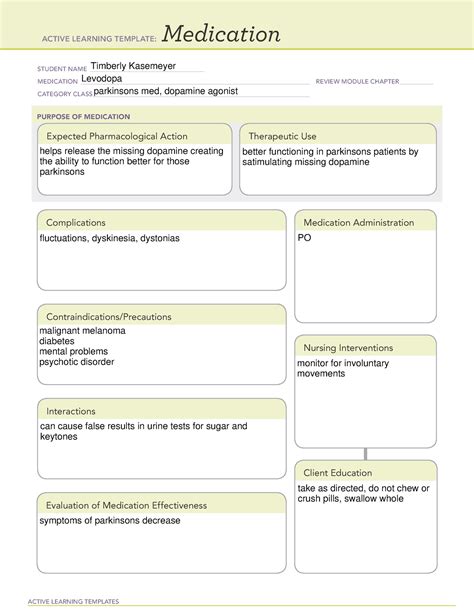 ATI Medication Template parkinsons - ACTIVE LEARNING TEMPLATES Medication STUDENT NAME - Studocu