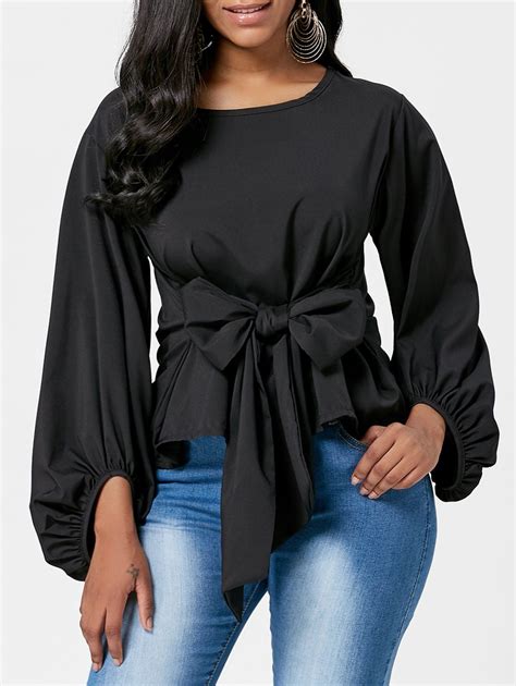 [41% OFF] 2021 Puff Sleeve Belted Blouse In BLACK | DressLily