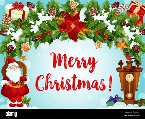 Merry Christmas Santa greeting card design template of gifts on Xmas ...