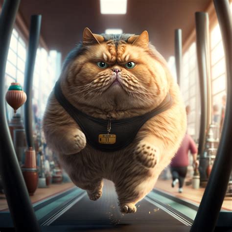 Premium AI Image | A fat cat is running on a treadmill with a tag that says'fat cat'on it.