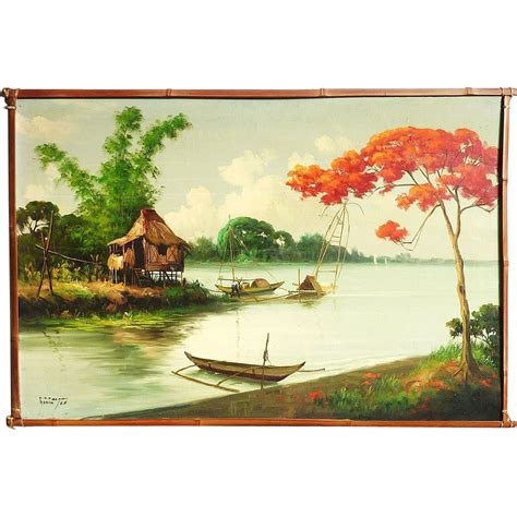 Filipino art tropical landscape painting dated 1968 signed R.P. Pasno SOLD on Ruby Lane