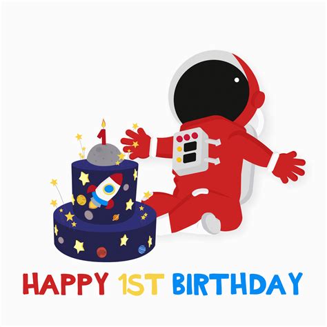 an astronaut is about to blow out the candles on his birthday cake that says happy 1st birthday