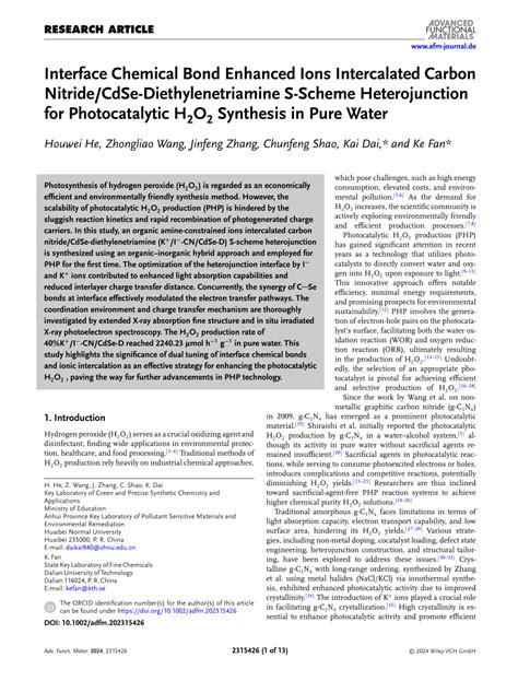 Interface Chemical Bond Enhanced Ions Intercalated Carbon Nitride/CdSe‐Diethylenetriamine S ...