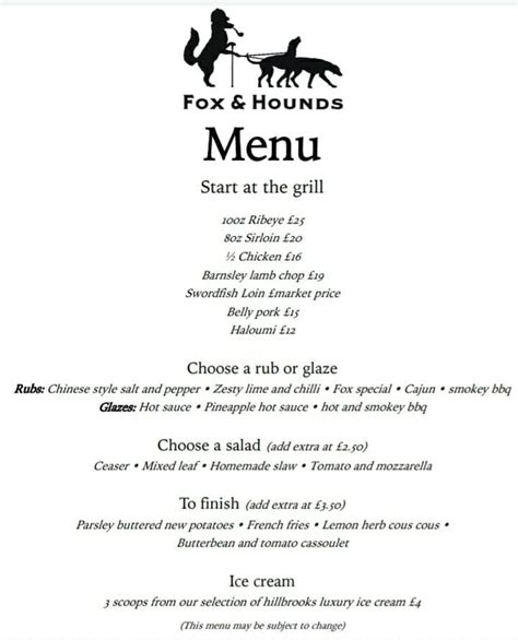 Menu at The Fox & Hounds restaurant, Tewkesbury