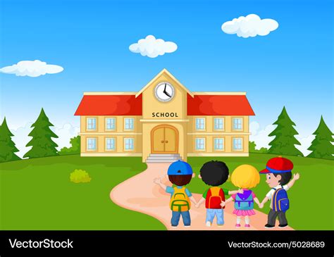 Happy young children walking together to school Vector Image