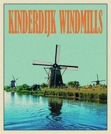 Premium Photo | Kinderdijk windmills retro travel poster