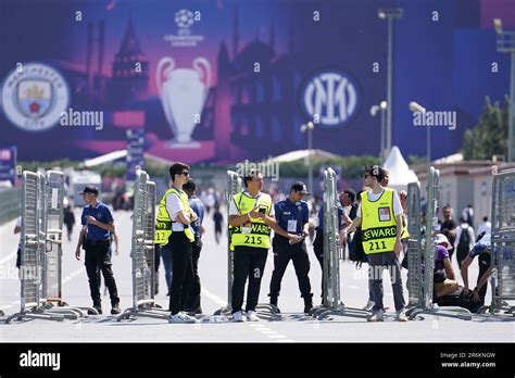 Security outside the stadium before the UEFA Champions League final match at the Ataturk Olympic ...