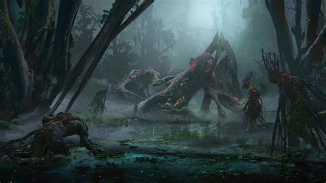 concept art, fantasy art, swamp, Nikola Sinitsa, creature, trees, mist ...