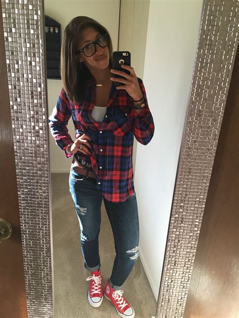 Pinterest taught me! Plaid shirt, ripped jeggings and Red high top ...