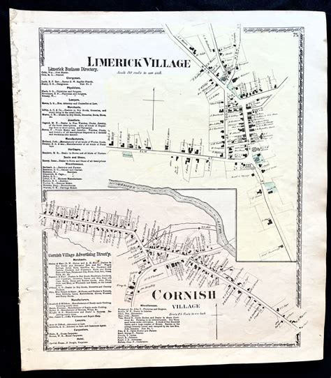 1872 Hand-Colored Street Map of Limerick Village and Cornish Village ...