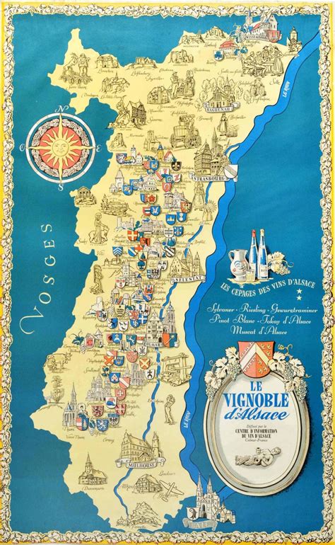 Willy Fischer - Original Vintage Poster Les Vignobles d'Alsace Vineyards French Wine Map Rhine ...