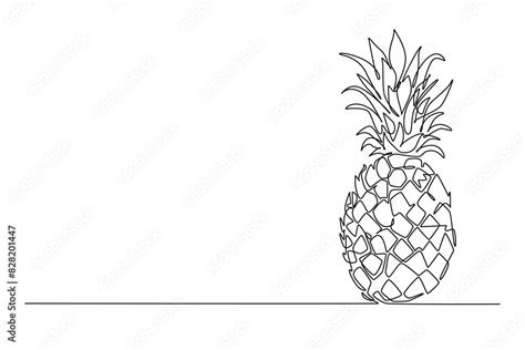 Continuous one line drawing whole healthy organic yellow pineapple for orchard logo identity ...