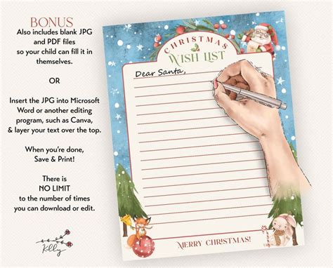 a hand writing on a wish list with santa clause and christmas trees in ...