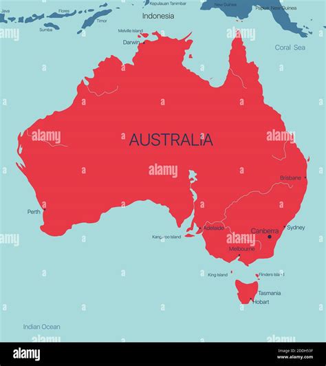 Australia continent vector map with cities. Vector editable illustration. Trending color scheme ...