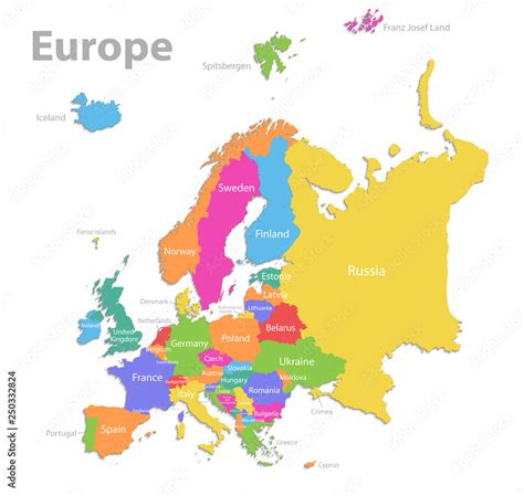 Obraz mapa Europy, nowa szczegółowa mapa polityczna, oddzielne poszczególne państwa, z nazwami ...