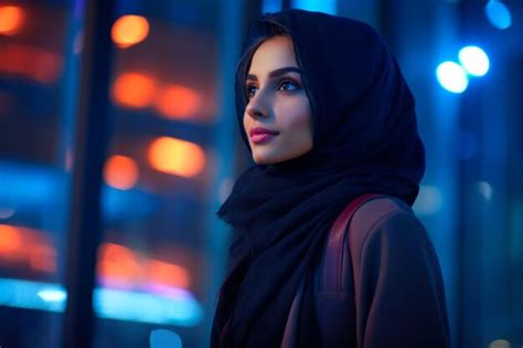 Premium AI Image | Beautiful young muslim woman with hijab in the city at night