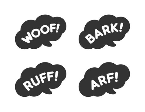 Cartoon comics dog bark sound effect and lettering set. White text in a dark black speech bubble ...