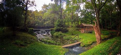 a small wooden bridge over a stream in the woods next to a log cabin ...