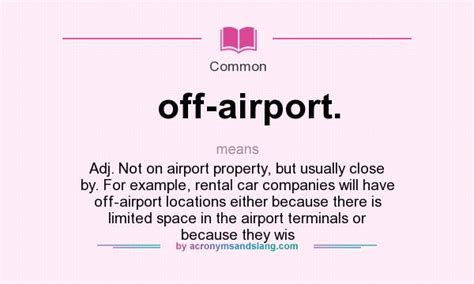 What does off-airport. mean? - Definition of off-airport. - off-airport. stands for Adj. Not on ...