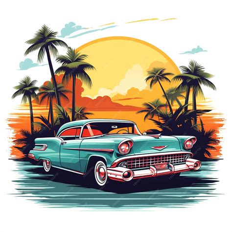 A vintage car parked on the beach with palm trees in the background ...