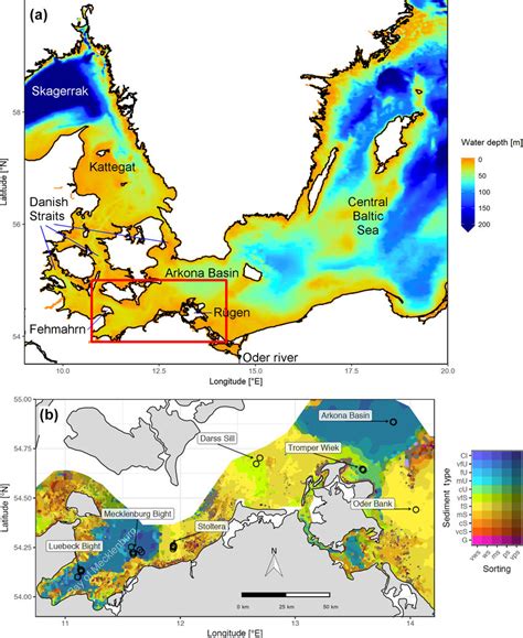 (a) Bathymetry of the western Baltic Sea and location of our area of ...