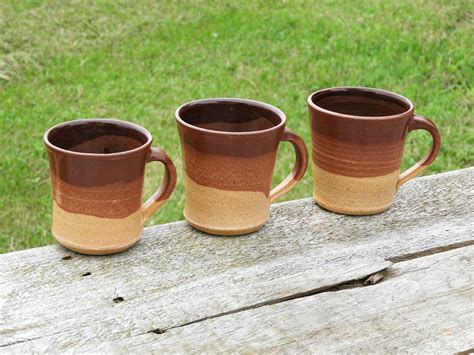 Vintage Stoneware Mugs (3), Zaros Pottery Coffee Cups, Brown Southwestern Dinnerware, Drop Glaze ...