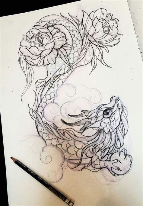 dragon-sleeve-tattoo-black-white-pencil-sketch-with-flowers-black-pencil #black #dragon #pencil ...