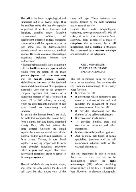 Cell histology lec - The cell is the basic morphological and functional unit of all living ...