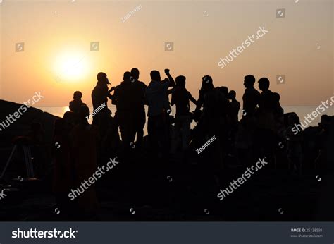 Silhouette Group People Dancing Sunset Near Stock Photo 25138591 ...