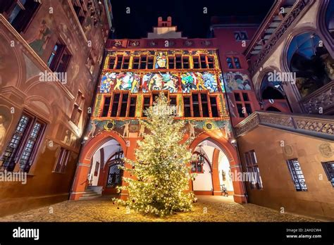 Christmas tree at town hall of Basel, a five hundred years old building dominating the ...