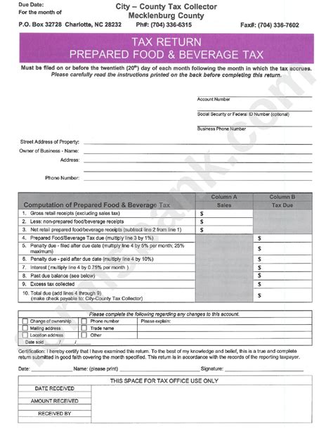 Tax Return - Prepared Food & Beverage Tax Form - Mecklenburg County printable pdf download