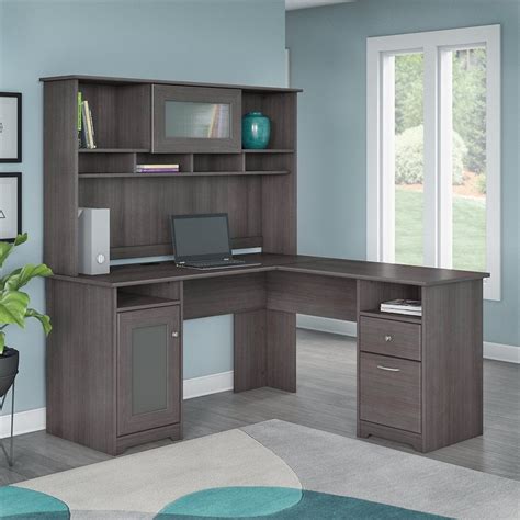 Bush Furniture Cabot L Shaped Desk with Hutch in Heather Gray - CAB001HRG