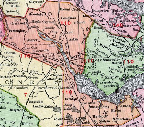 Craven County, North Carolina, 1911, Map, Rand McNally, Newbern, James ...