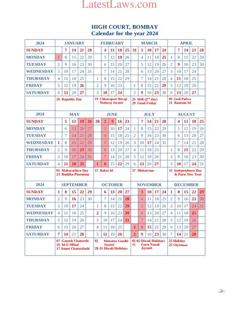 Bombay High Court Holidays 2024 Calendar - Edin Nettle