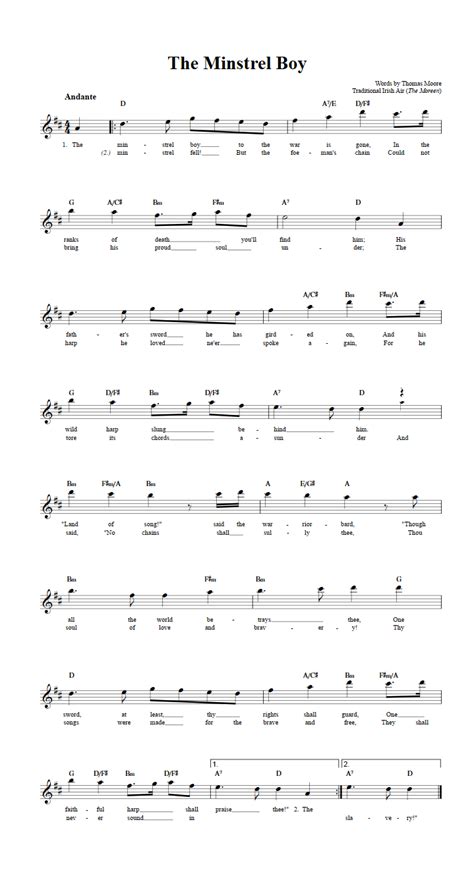 The Minstrel Boy: Chords, Lyrics, and Sheet Music for E-Flat Instruments