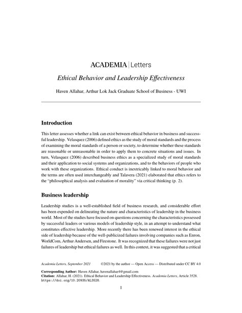 (PDF) Ethical Behavior and Leadership Effectiveness