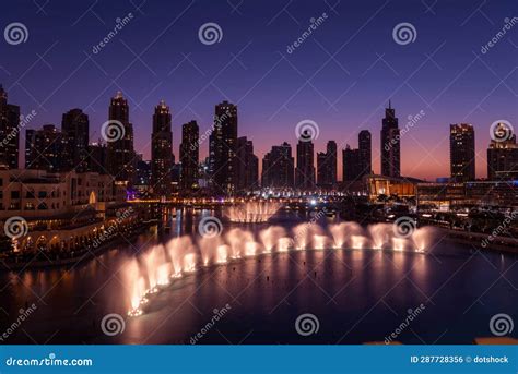 Unique View of Dubai Dancing Fountain Show at Night. Stock Photo ...