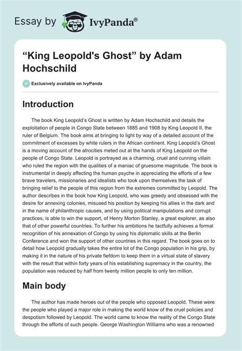 "King Leopold's Ghost" by Adam Hochschild - 1225 Words | Report Example