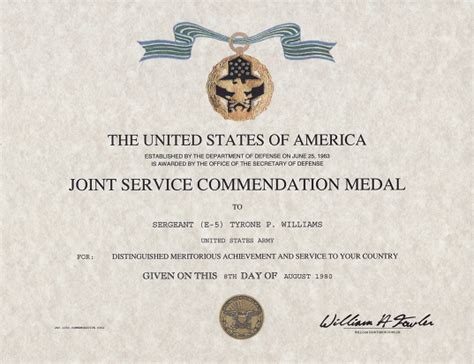 Joint Service Commendation Medal Certificate