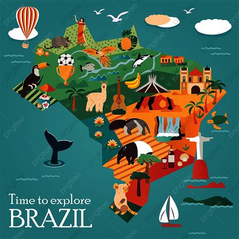 Tourist Map Of Brazil With Landmarks And Animals Banner Template ...