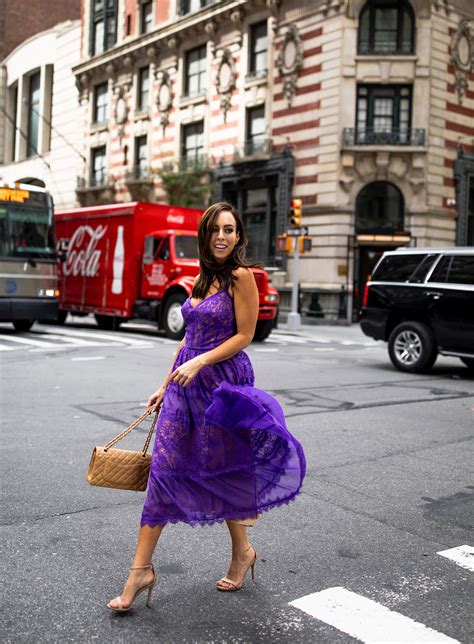 Sydne Style wears tadashi shoji lace dress for best purple dresses | Sydne Style