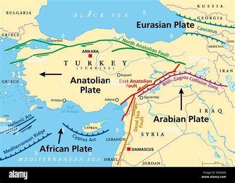 Anatolian Plate tectonics map. Most of the country of Turkey is located on this continental ...