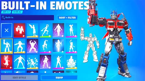 ALL Built-In Emotes in Fortnite! (Optimus Prime, Barrage Cannon, Go Primal, Squirrelly) - YouTube