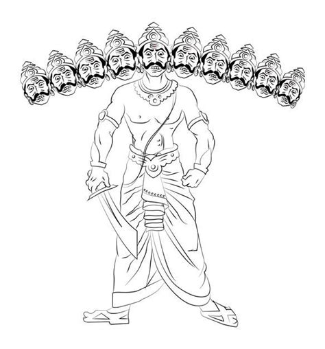 Premium Vector | Vector illustration of ravana with 10 heads line ...